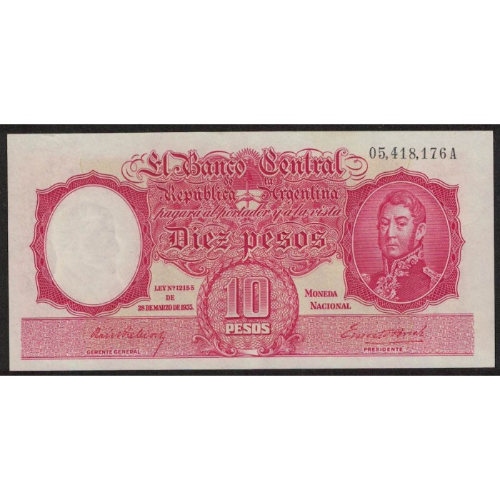 B1928 10 Pesos Ley 12.155 A 1943 Firmas en Rojo UNC