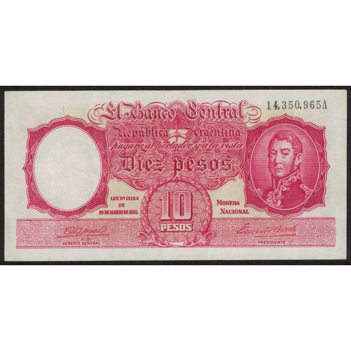 B1929 10 Pesos Ley 12.155 A 1944 Firmas en Rojo UNC