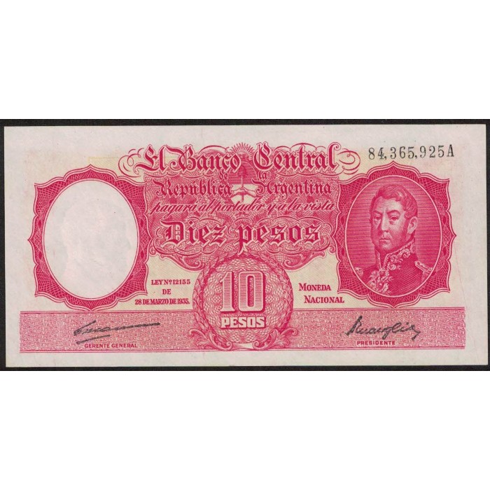 B1937 10 Pesos Ley 12.155 A 1949 UNC