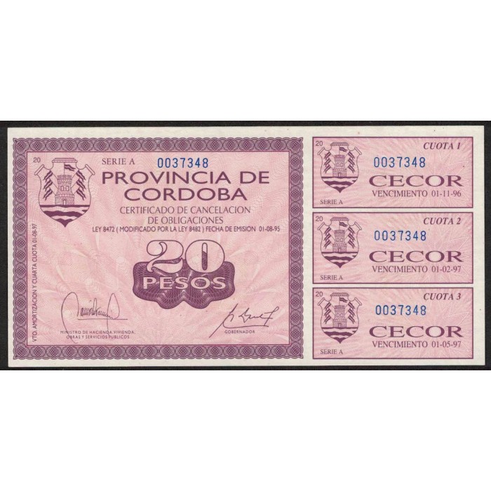 Bono C-261 Cordoba Cecor 20 Pesos UNC