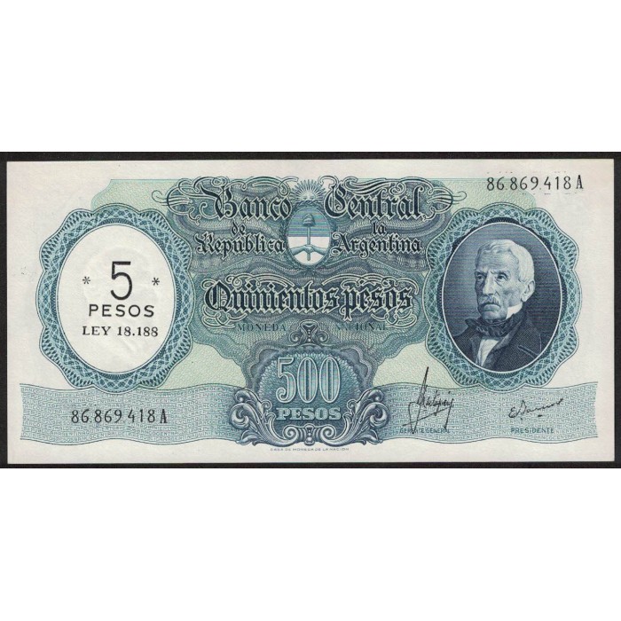 B2208 500 Pesos Moneda Nacional A 1970 Resellado a 5 Pesos Ley 18.188 UNC
