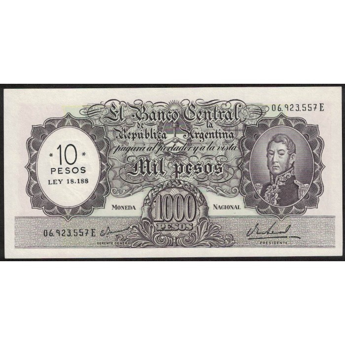 B2212 1000 Pesos Moneda Nacional E 1969 Resellado a 10 Pesos Ley 18.188 UNC