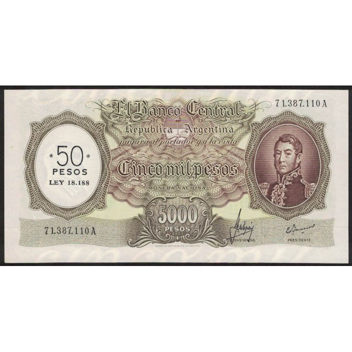 B2217 5000 Pesos Moneda Nacional A 1969 Resellado a 50 Pesos Ley 18.188 UNC-