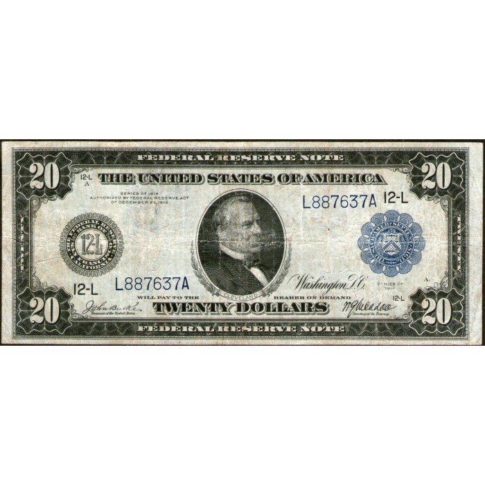 Estados Unidos P361b 20 Dolares 1914 Sello Azul MB+