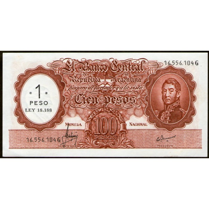 B2202 100 Pesos Moneda Nacional G 1969 Resellado a 1 Peso Ley 18.188 UNC