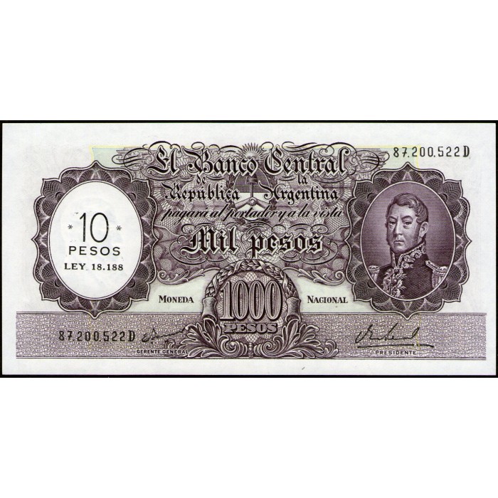 B2211 1.000 Pesos Moneda Naciona Resellado a 10 Pesos Ley 18.188 D 1969 UNC