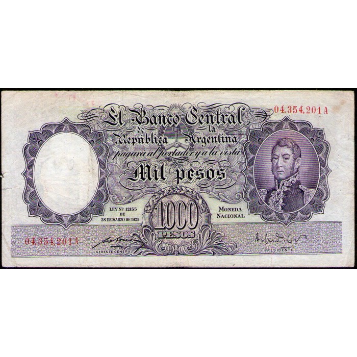 B2132 1000 Pesos Ley 12155 A 1951 Numeracion en Rojo MB