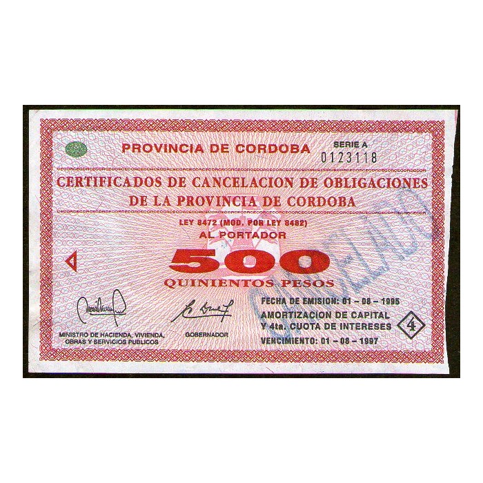 C274 Bono de Cordoba Cecor 500 Pesos Cancelado MB+