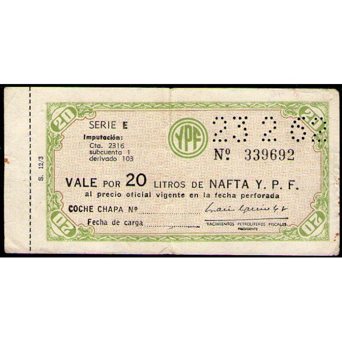 Vale YPF 20 Litros de Nafta Serie E Año 1962 MB