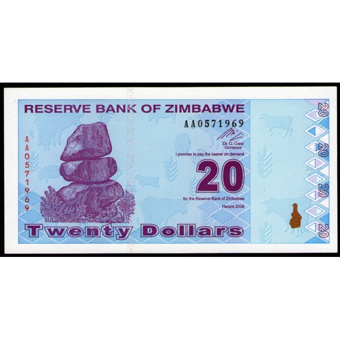 Zimbabwe P95 20 Dolares 2009 UNC