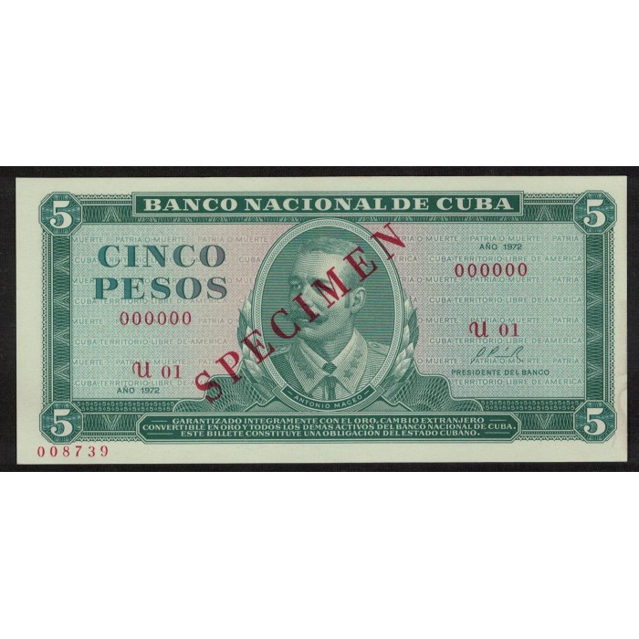 P103s 5 Pesos Specimen 1972 Cuba UNC