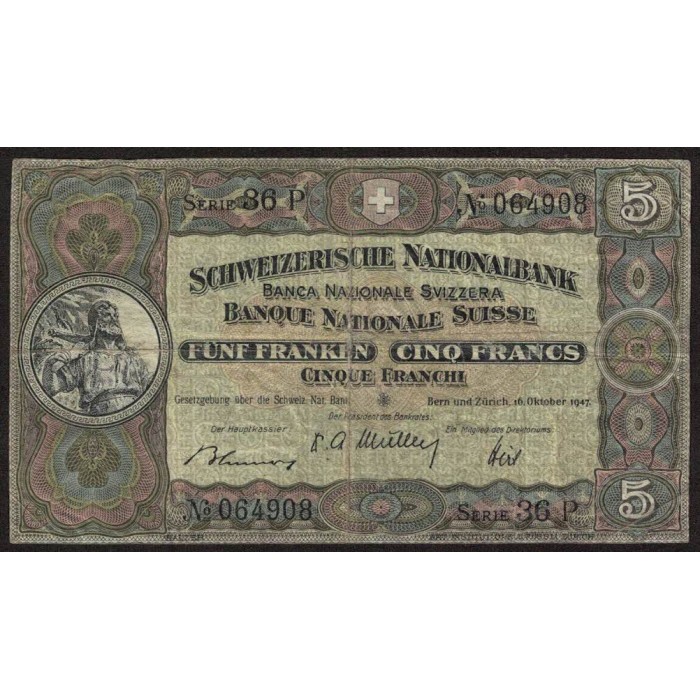 Suiza 5 Francs 1947 P11r B+