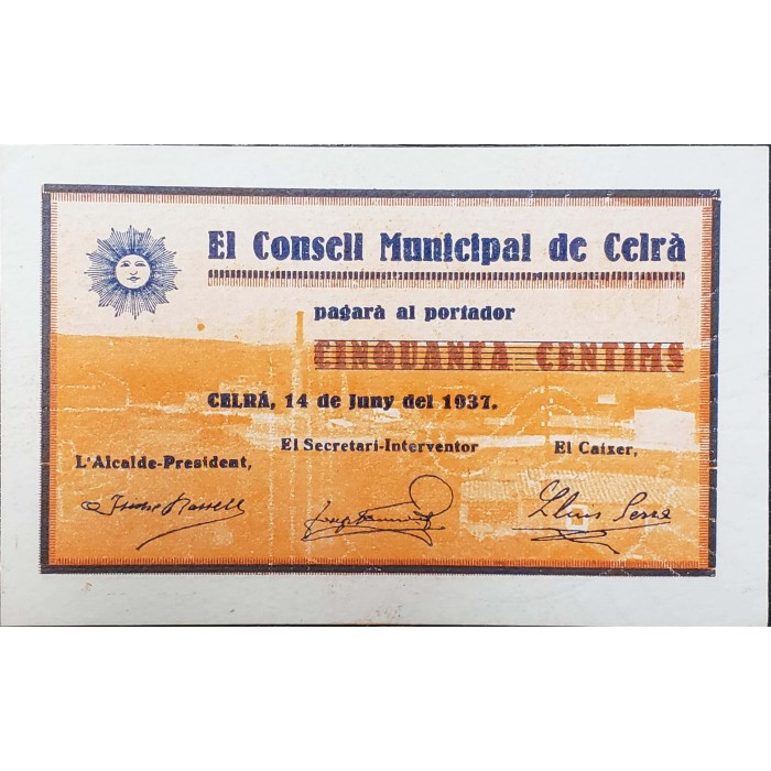 España Billete Local Consell Municipal de Celra año 1937 UNC