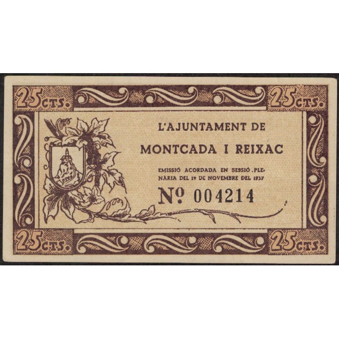 España Ajuntament de Montcada I Reixac 25 Centims 1937 EXC+