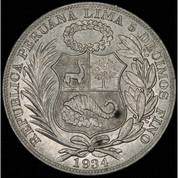 Peru 1 Sol 1934 KM218.2 Ag UNC