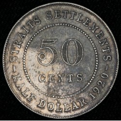 Straits Settlements 50 Cents 1920 KM35.1 Ag MB/EXC
