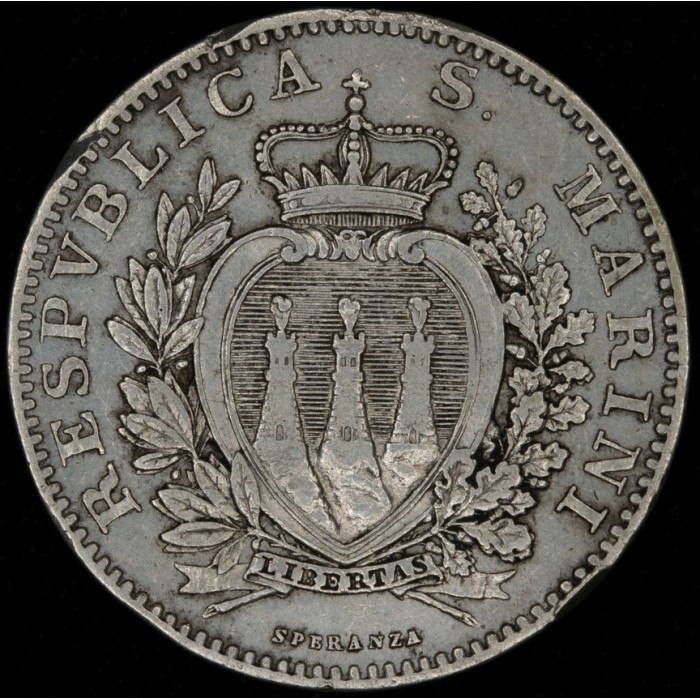 San Marino 2 Liras 1898 KM5 Ag EXC-