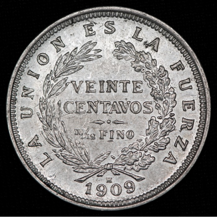 Bolivia 20 Centavos 1909 H KM176 Ag EXC