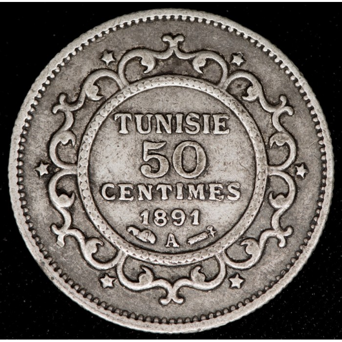 Tunez 50 Centimes 1891A KM223 Ag MB+