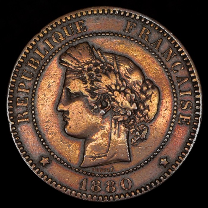 Francia 10 Centimos 1880 A KM815.1 Cobre MB/EXC