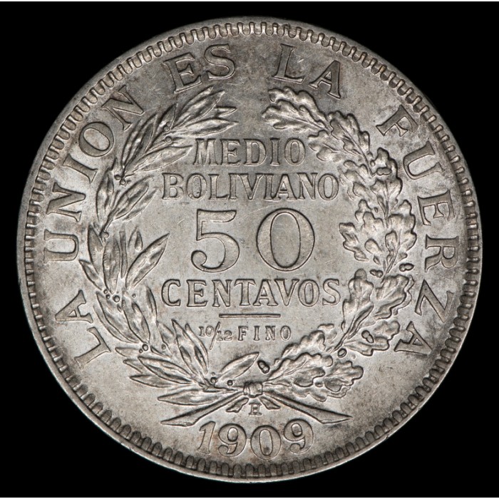 Bolivia 50 Centavos 1909 H KM177 Ag UNC