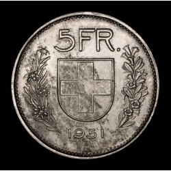 Suiza 5 Francos 1951B KM40 Ag EXC