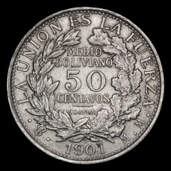 Bolivia 50 Centavos 1901 CB KM175.1 Ag MB/EXC