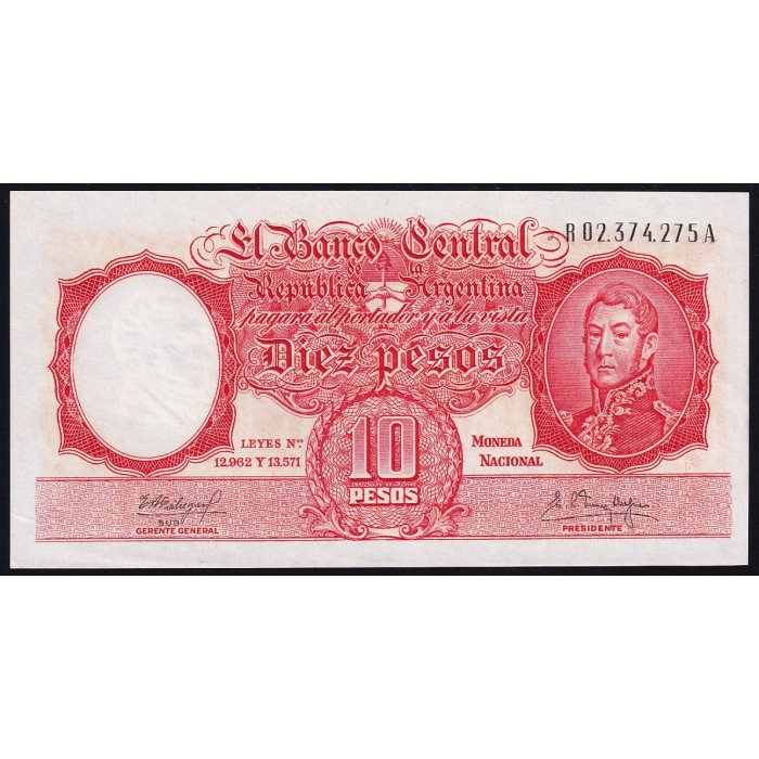 REPOSICION B1973a 10 Pesos 1960/61 MN Fabregas - Mendez Delfino FILC UNC