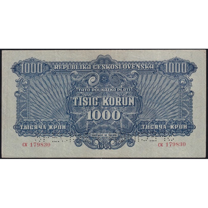 Checoslovaquia 1000 koronas 1945 P57s Specimen Perforado MB+