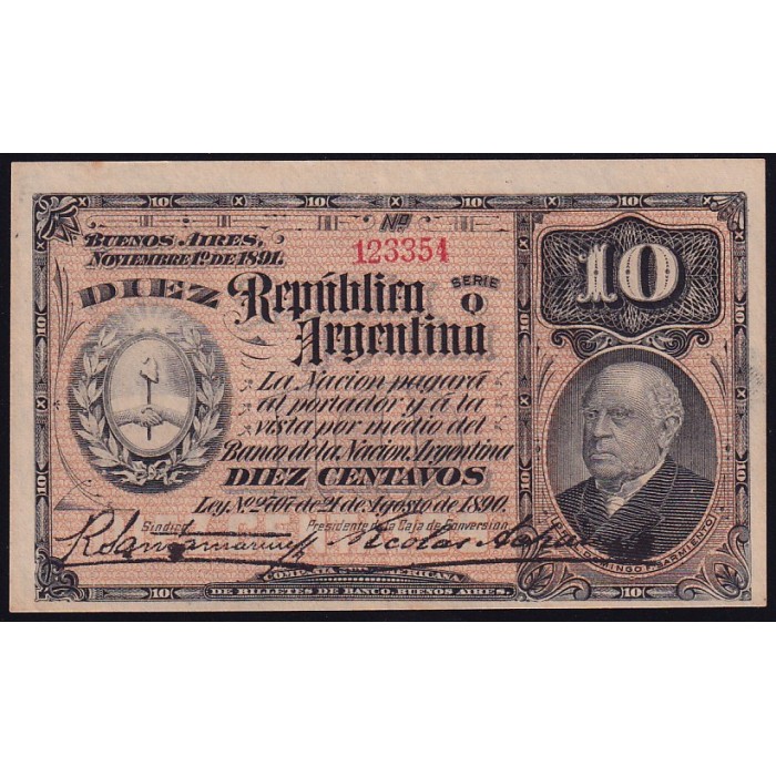 B1014 10 Centavos 1890 (1893) Firmas Santamarina - Achaval EXC+