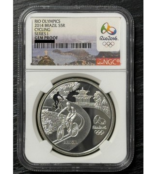 Brasil 5 Reales 2014 Juegos Olimpicos Rio Ciclismo KM686 Ag NGC GEM PROOF