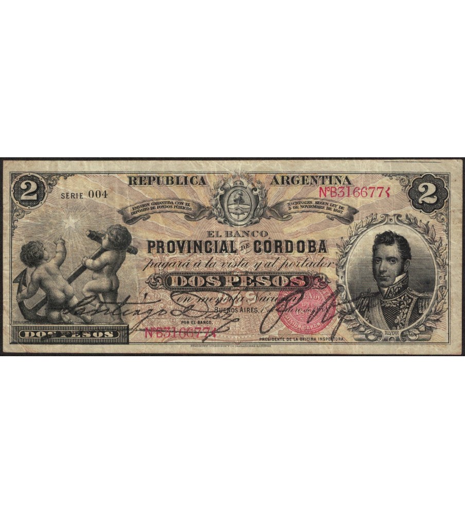 Cordoba Bancos Garantidos 2 Pesos 1888 Ps1122a MB+