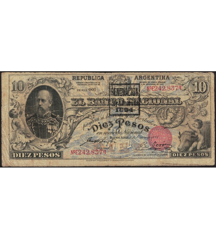Bancos Garantidos Banco Nacional 10 pesos 1888 Resello 1894 Ps1094d B/MB