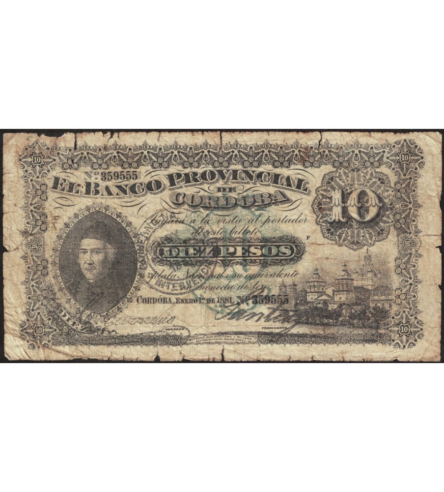 Cordoba Banco Provincial 10 Pesos 1881 Resello Dean Funes PS738b Bauman COR-113 Bueno