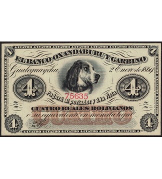 Entre Rios Banco Oxandaburu y Garbino 4 Reales Bolivianos 1869 REMAINDER PS1781r ENR-118r UNC
