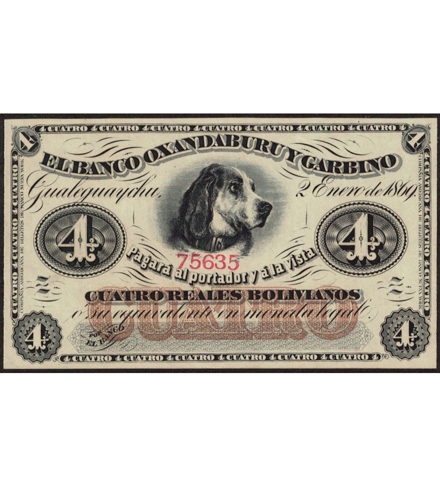 Entre Rios Banco Oxandaburu y Garbino 4 Reales Bolivianos 1869 REMAINDER PS1781r ENR-118r UNC