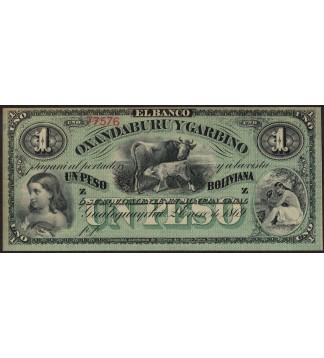 Entre Rios Banco Oxandaburu y Garbino 1 Peso Boliviana 1869 REMAINDER PS1782r ENR-119r UNC