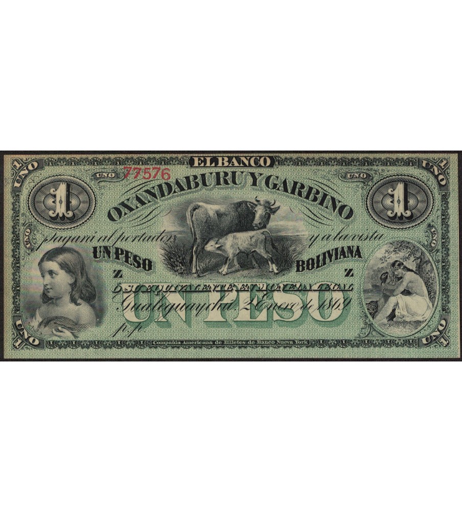 Entre Rios Banco Oxandaburu y Garbino 1 Peso Boliviana 1869 REMAINDER PS1782r ENR-119r UNC