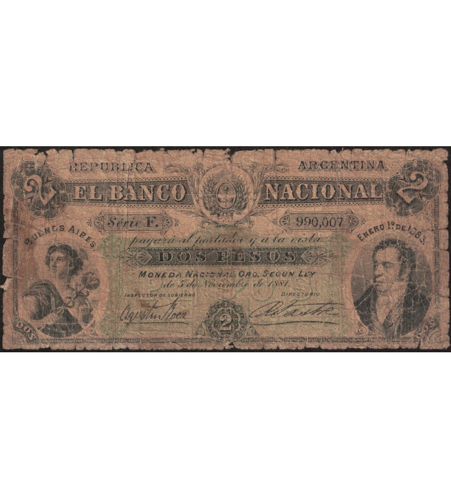 Buenos Aires Banco Nacional 2 pesos MN 1883 PS695 REG-
