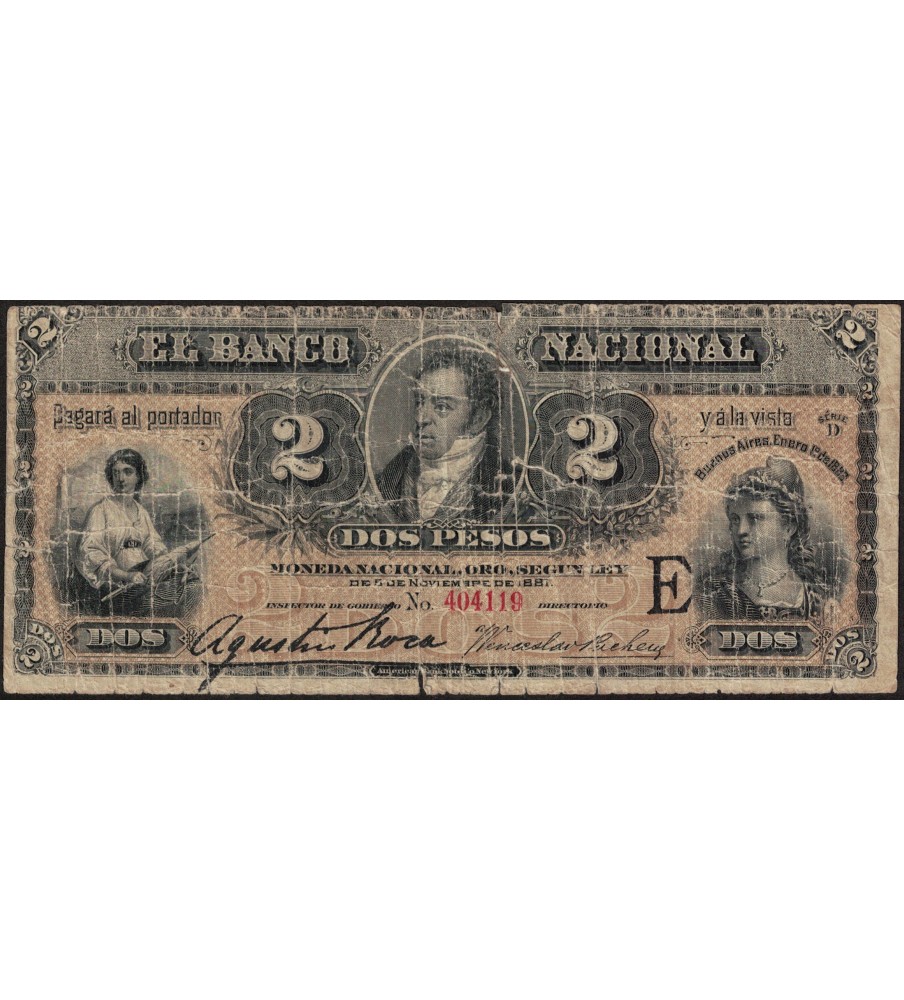 Buenos Aires Banco Nacional 2 pesos MN Oro 1883 PS677 BN-121 BUENO