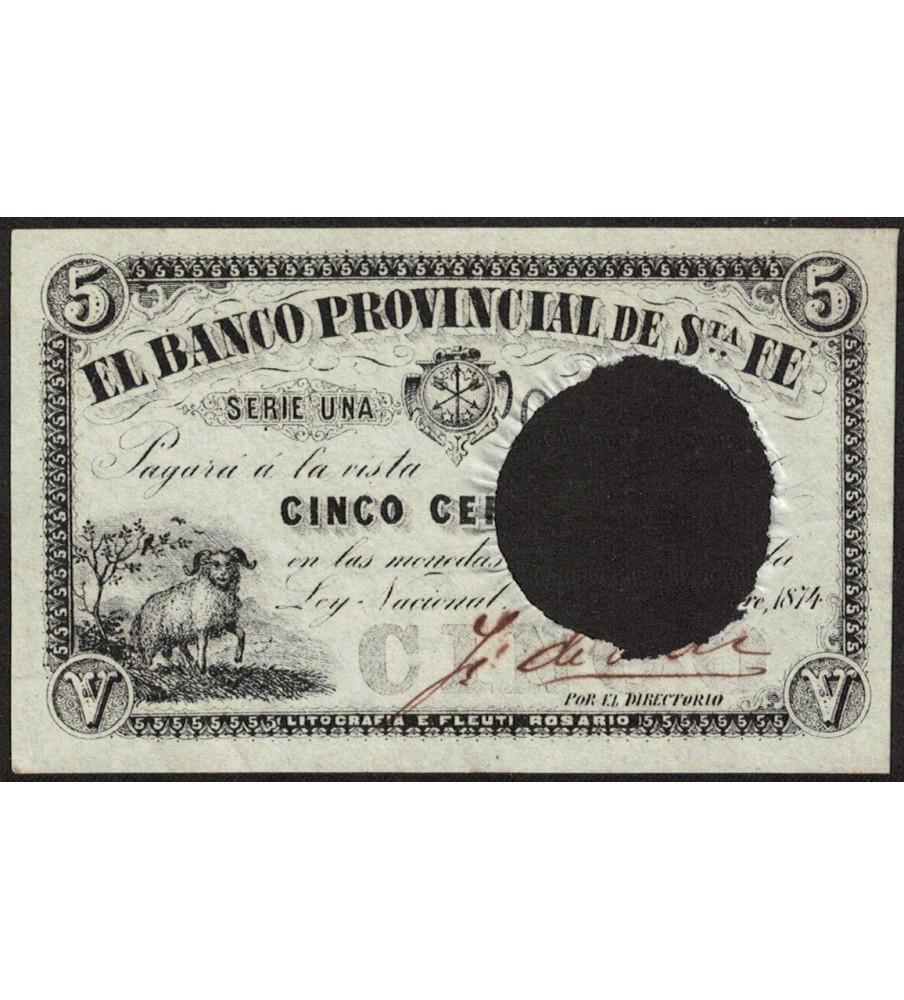 Santa Fe Banco Provincial 5 Centavos Fuertes 1874 Cancelado PS798 SFE-200b UNC