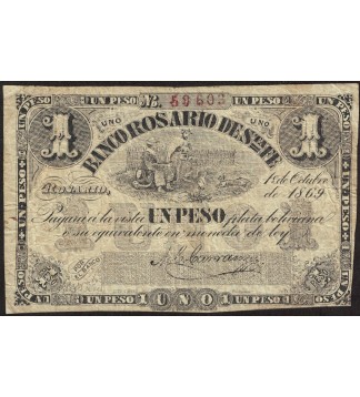 Santa Fe Banco de Rosario 1 Peso Plata Boliviana 1869 PS1854a SFE-182b BUENO+
