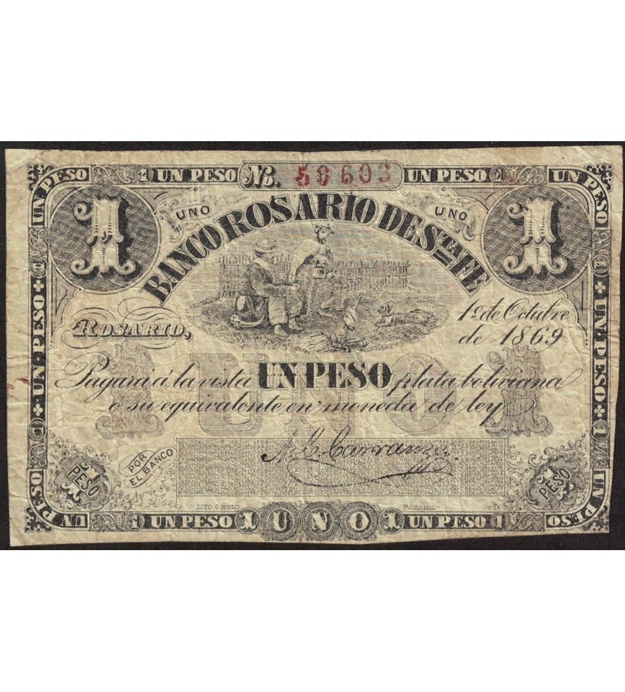 Santa Fe Banco de Rosario 1 Peso Plata Boliviana 1869 PS1854a SFE-182b BUENO+