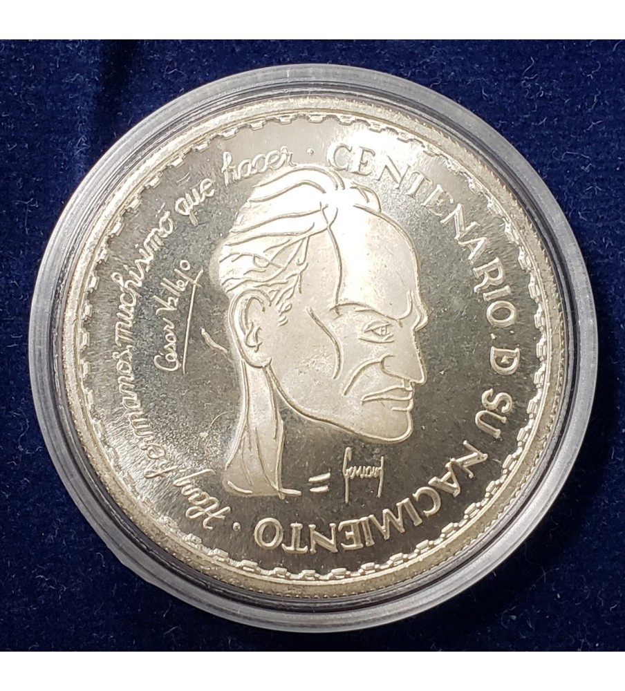 Peru Moneda de Plata 20 nuevos Soles Año 1992 "Cesar Vallejo" Onza UNC